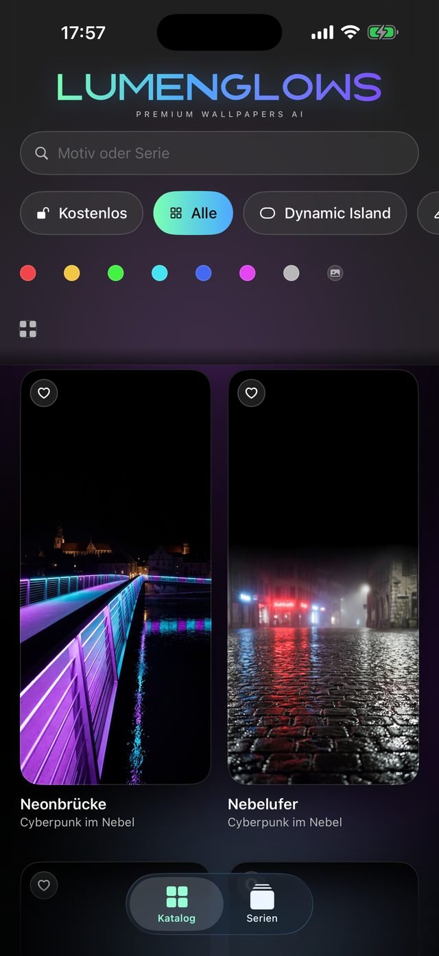 Bildschirmfoto der App: der Katalog auf einem iPhone. Über den Motivkacheln stehen die Filter „Kostenlos“, „Alle“ und „Dynamic Island“, darunter eine Reihe Farbpunkte.