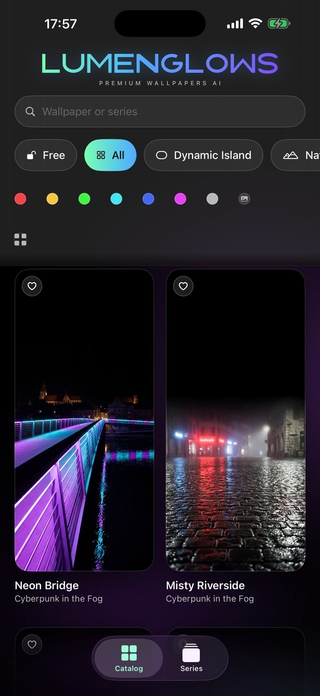 Screenshot of the app: the catalog on an iPhone. Above the wallpaper tiles are the filters “Free”, “All” and “Dynamic Island”, with a row of color dots below.