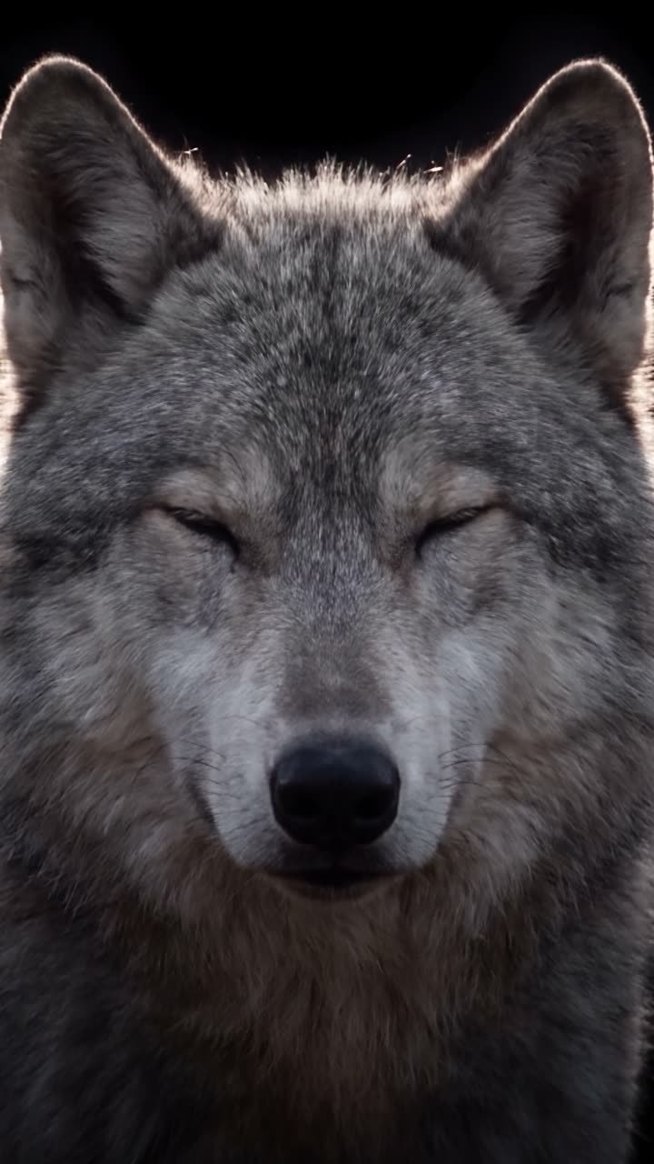 Standbild aus dem Werbefilm: ein Wolf im Gegenlicht vor tiefem Schwarz.